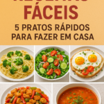 ## Introdução às Receitas Fáceis Vivemos em um mundo acelerado, onde a praticidade nas refeições tem se tornado essencial. **Receitas fáceis** são a solução perfeita para quem deseja preparar pratos saborosos sem complicações. Neste post, você vai descobrir cinco receitas simples que irão deliciar toda a sua família e ainda facilitar o seu dia a dia na cozinha. ## 1. Macarrão ao Alho e Óleo Uma das receitas mais tradicionais e fáceis é o macarrão ao alho e óleo. Ele não leva muito tempo para ser preparado e você só precisa de alguns ingredientes básicos. ### Ingredientes - 250g de macarrão de sua preferência - 3 dentes de alho picados - 4 colheres de sopa de azeite - Sal e pimenta a gosto - Salsinha picada para decorar ### Modo de Preparo 1. Cozinhe o macarrão em água com sal até ficar al dente. 2. Enquanto isso, aqueça o azeite em uma panela e adicione o alho até dourar. 3. Misture o macarrão cozido na panela e tempere com sal e pimenta. 4. Finalize com salsinha picada e sirva. Esse prato é perfeito para um jantar rápido e é muito fácil de adaptar com outros ingredientes como frango ou legumes. ## 2. Omelete Simples Outra opção rápida é a omelete, que pode ser feita com os ingredientes que você tiver em casa. ### Ingredientes - 2 ovos - 1/2 cebola picada - 1 tomate picado - Sal e pimenta a gosto ### Modo de Preparo 1. Bata os ovos com sal e pimenta em uma tigela. 2. Adicione a cebola e o tomate. 3. Aqueça uma frigideira com um pouco de óleo e despeje a mistura. 4. Cozinhe até firmar e dobre a omelete ao meio. Esse prato é nutritivo e pode ser preparado em menos de 10 minutos. ## 3. Frango Grelhado com Limão O frango grelhado é uma opção saudável e deliciosa, ideal para os dias mais quentes. ### Ingredientes - 2 filés de peito de frango - Suco de 1 limão - Sal, pimenta e ervas a gosto ### Modo de Preparo 1. Tempere os filés de frango com suco de limão, sal, pimenta e ervas. 2. Grelhe em uma frigideira antiaderente até dourar. Sirva com uma salada fresca e você terá uma refeição completa! ## 4. Arroz de Forno Uma receita que possibilita usar sobras é o arroz de forno. Excelente para aproveitar restos de refeições anteriores. ### Ingredientes - 2 xícaras de arroz cozido - 1/2 xícara de queijo ralado - 1/2 xícara de presunto picado - 2 ovos ### Modo de Preparo 1. Misture todos os ingredientes em um refratário. 2. Leve ao forno pré-aquecido a 180 graus por cerca de 20 minutos ou até o queijo derreter. Esse prato é super prático e saboroso! ## 5. Vitamina de Frutas Para a sobremesa, que tal uma vitamina de frutas? É saudável e fácil de fazer. ### Ingredientes - 1 banana - 1/2 mamão - 1 xícara de leite - Mel a gosto ### Modo de Preparo 1. Bata todos os ingredientes no liquidificador até obter uma mistura homogênea. Além de saborosa, é uma excelente forma de incluir frutas na dieta. ## Conclusão Com essas **receitas fáceis**, você pode transformar suas refeições sem gastar muito tempo na cozinha! Experimente e surpreenda sua família com pratos deliciosos e rápidos de fazer. ## Resumo Neste post, você aprendeu cinco receitas fáceis e rápidas para preparar em casa, desde um macarrão simples até uma vitamina de frutas. São opções que combinam praticidade e sabor para facilitar seu dia a dia na cozinha. ## Prompt da imagem Uma mesa bem posta com pratos coloridos de refeições caseiras, como macarrão, omelete e frango grelhado, rodeados por frutas frescas, destacando a praticidade e o sabor das receitas fáceis.